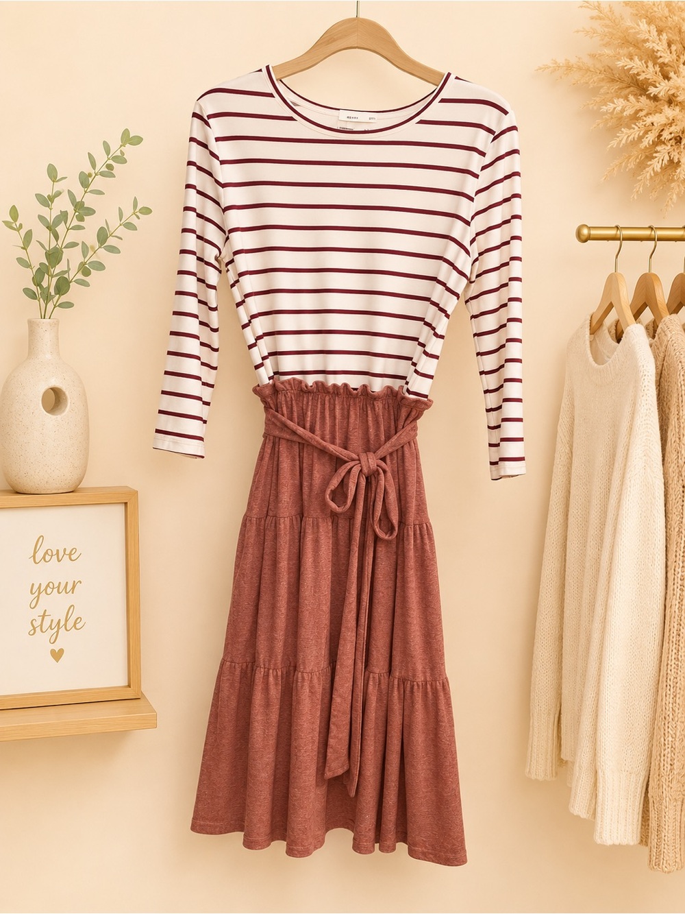 Striped Cream & Burgundy Top with Rust Tie-Waist Skirt